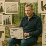Man använder en kalkylator för ekonomiskt oberoende vid 55. Grafiska illustrationer visar tillväxt och pengar.