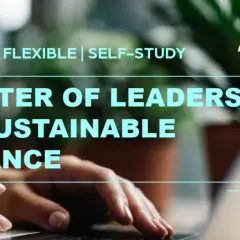 Händer på tangentbordet, texten "MASTER OF LEADERSHIP IN SUSTAINABLE FINANCE" och Frankfurt Schools logotyp. En masterutbildning för framtidens ledare.