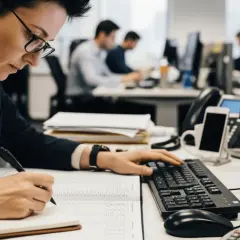 Kvinna med glasögon jobbar som controller vid sitt skrivbord, omgiven av papper och datorer.