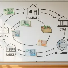 Diagram visar pengaflöden mellan hushåll, företag, banker, staten och utlandet. En visuell guide för att bli ekonomiskt oberoende på 10 år.
