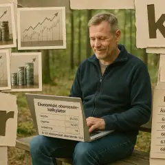 Man använder en kalkylator för ekonomiskt oberoende vid 55. Grafiska illustrationer visar tillväxt och pengar.