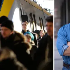 Folk trängs vid tåget, redo för en ny arbetsvecka. Hur många arbetsveckor på ett år? En man i blå skjorta står med armarna i kors.