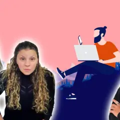Tre kvinnor och en illustrerad person med laptop. Kanske ett team av copywriter svenska som jobbar på distans.