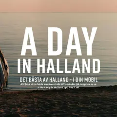 En person med surfbräda går mot vattnet i Halland, Sverige. Texten "A DAY IN HALLAND" syns tydligt.