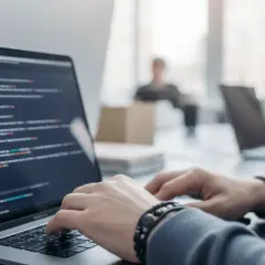 En teknisk testare arbetar vid en laptop med kod på skärmen. Händerna vilar på tangentbordet.