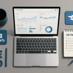 En sem specialist arbetar med en laptop som visar Google Analytics, en kaffekopp, Ahrefs-loggan och en lista med nyckelord.