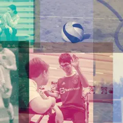 Idrottspsykologi utbildning: fotbollsspelare, beachvolleyboll, gymnastikringar och glada ungdomar.