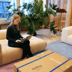 Kvinna jobbar på Sellpy vid ett fönster, med en stor grön växt bakom sig. En Sellpy-förpackning ligger på ett soffbord.