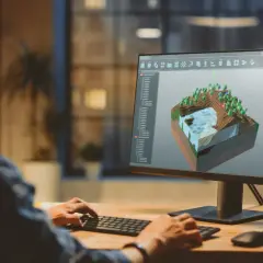 Person arbetar med 3D-modellering på datorn, en karriär som kan nås via korta utbildningar som ger jobb.