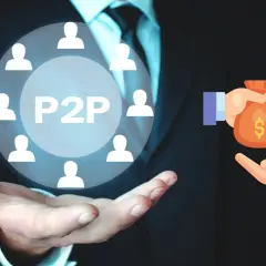 En cirkel med personer och texten P2P symboliserar hur peer-to-peer betyder direkt utbyte, som att ge en pengapåse.