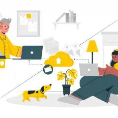 En arbetsterapeut distans arbetar hemifrån med sin hund vid sin sida.