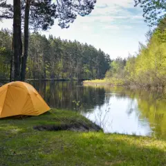 En gul tält vid en spegelblank sjö i en svensk skog. Perfekt för free camping Sweden.