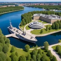 Vrak museum med ett stort fartyg vid kajen, omgivet av grönska och vatten.