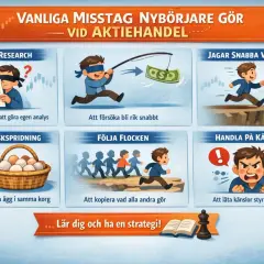 Illustrationer visar vanliga misstag vid aktiehandel: ingen research, jaga snabba vinster, dålig riskspridning, följa flocken, handla på känsla. Lär dig och ha en strategi!