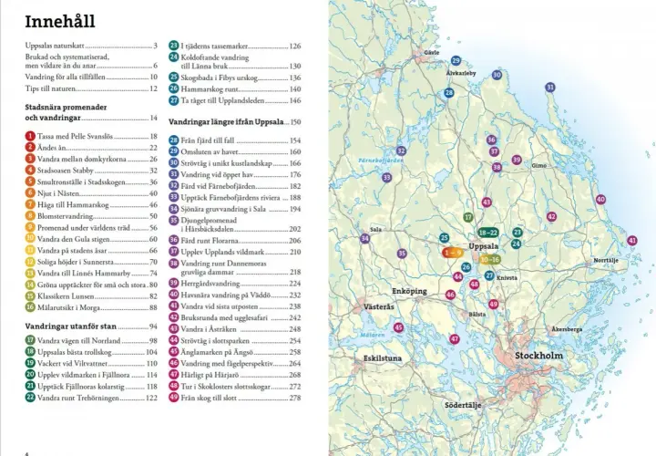 Karta över vandringsleder uppsala och omgivningar. Numrerade cirklar visar olika vandringsområden.
