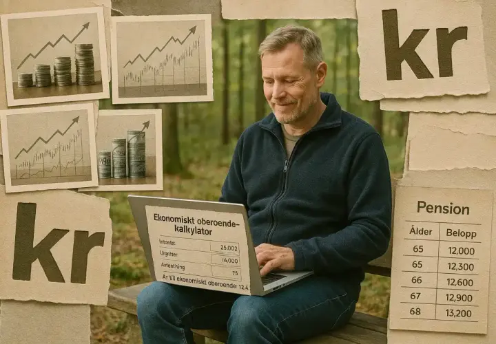Man använder en kalkylator för ekonomiskt oberoende vid 55. Grafiska illustrationer visar tillväxt och pengar.