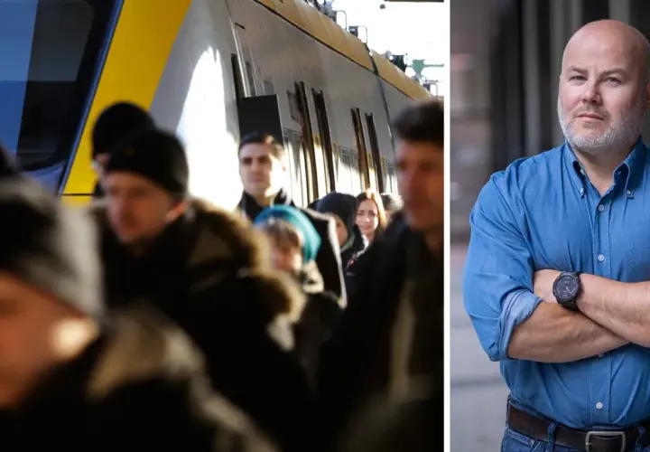 Folk trängs vid tåget, redo för en ny arbetsvecka. Hur många arbetsveckor på ett år? En man i blå skjorta står med armarna i kors.