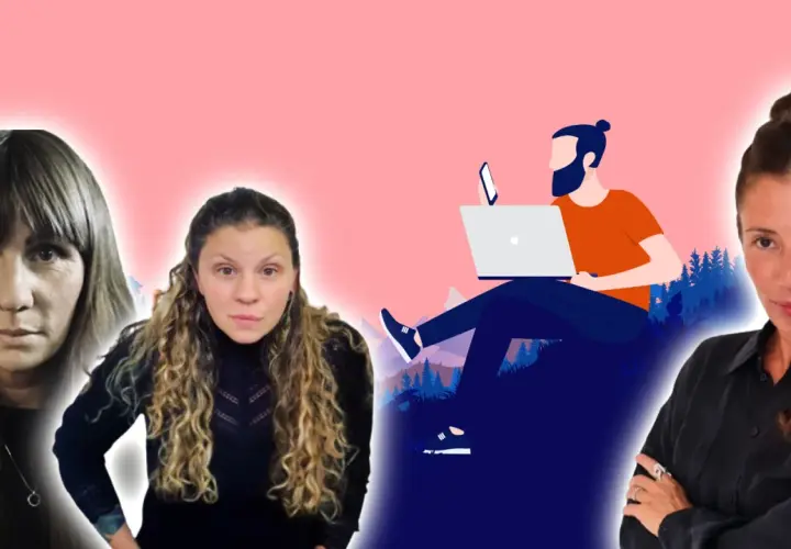 Tre kvinnor och en illustrerad person med laptop. Kanske ett team av copywriter svenska som jobbar på distans.