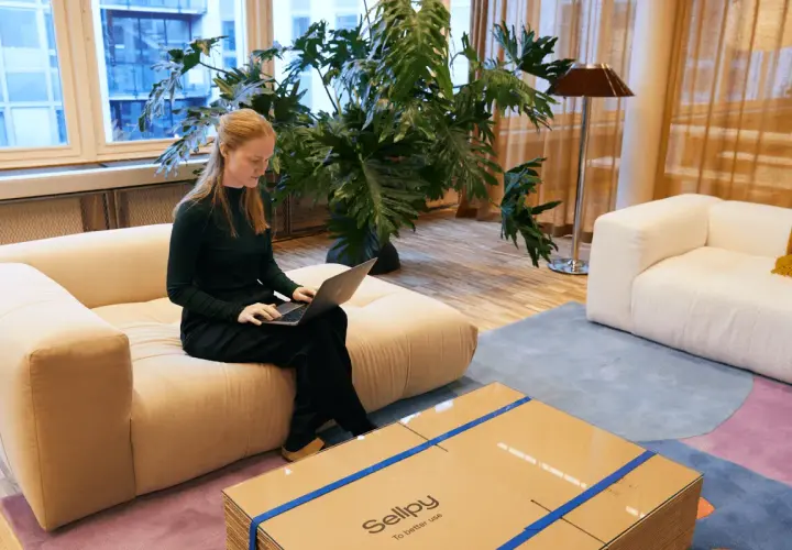 Kvinna jobbar på Sellpy vid ett fönster, med en stor grön växt bakom sig. En Sellpy-förpackning ligger på ett soffbord.