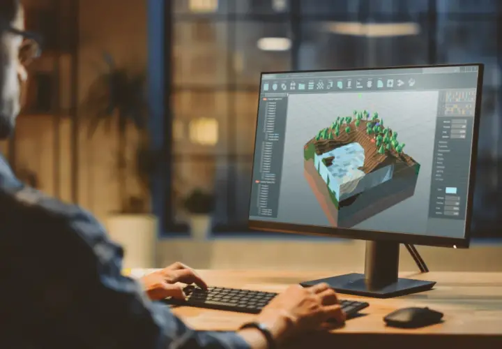 Person arbetar med 3D-modellering på datorn, en karriär som kan nås via korta utbildningar som ger jobb.