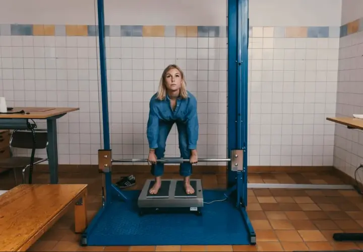 Kvinna gör sig redo för ett styrketest, kanske för att se om hon klarar "kan jag bli polis test". Hon håller i en skivstång.