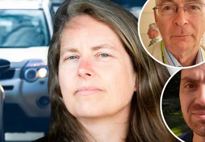 Kvinnan med bilen i bakgrunden och två män i cirklar. Kanske en berättelse om att leva utan bil.