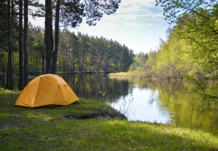 En gul tält vid en spegelblank sjö i en svensk skog. Perfekt för free camping Sweden.