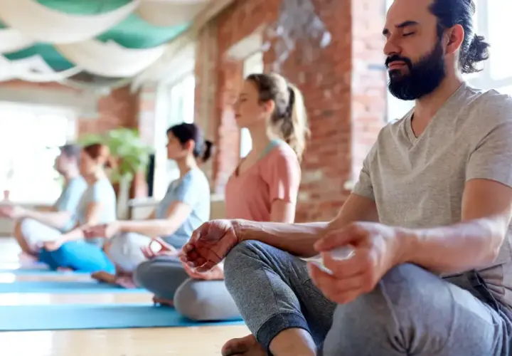 Människor med slutna ögon sitter i lotusställning på yogamattor. En grupp som deltar i en yoga utbildning distans.