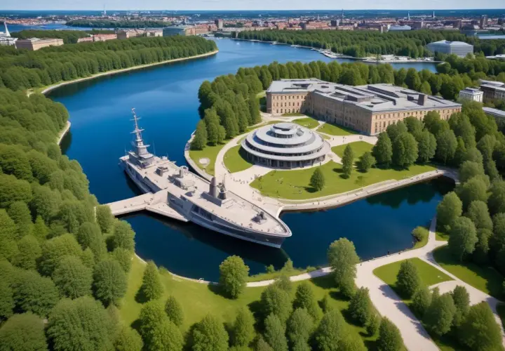 Vrak museum med ett stort fartyg vid kajen, omgivet av grönska och vatten.