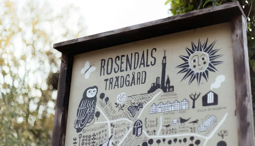 Karta över Rosendals Trädgård med illustrationer av en uggla, fjäril och sol. Perfekt för gratis aktiviteter i Stockholm.