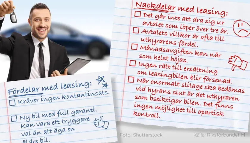 Man håller upp bilnycklar, bredvid en lista över fördelar och nackdelar med leasing. Leasing kostnad kan vara en faktor att överväga.
