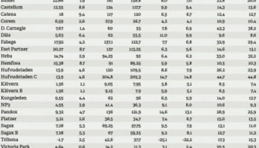 Tabell med bolagsnamn och siffror, där "p/e tal minus" kan vara en kolumn.