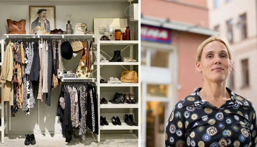 Här finns myrorna lediga jobb! En butik fylld med kläder och skor, och en kvinna utanför.