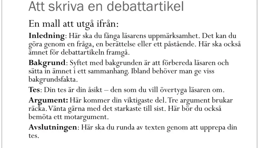 Mall för debattartikel exempel svenska: Inledning, bakgrund, tes, argument och avslutning. Lär dig skriva en övertygande text.