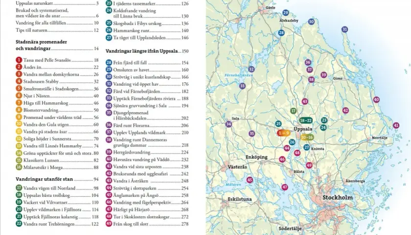 Karta över vandringsleder uppsala och omgivningar. Numrerade cirklar visar olika vandringsområden.