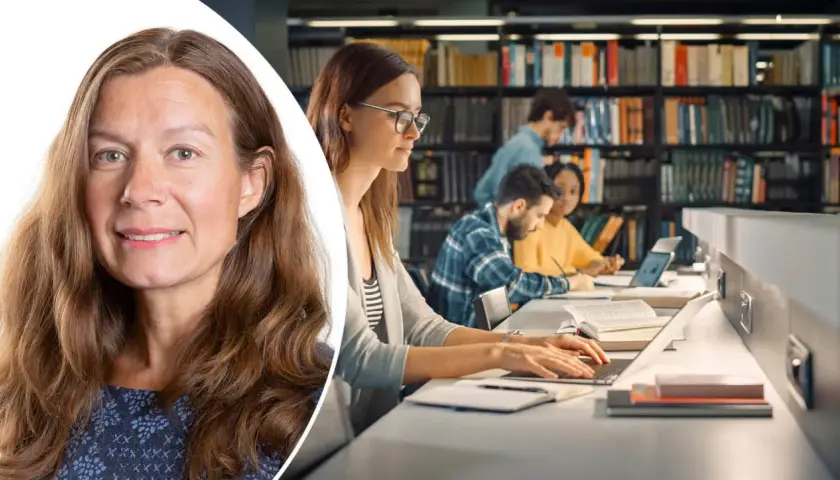 Kvinna ler, bakgrund med studenter som pluggar i bibliotek. Möjligheter för bibliotekarie utbildning distans.