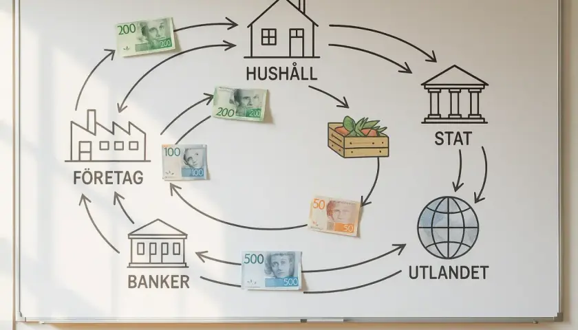Diagram visar pengaflöden mellan hushåll, företag, banker, staten och utlandet. En visuell guide för att bli ekonomiskt oberoende på 10 år.