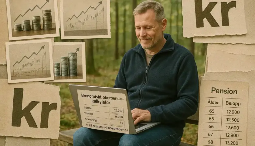 Man använder en kalkylator för ekonomiskt oberoende vid 55. Grafiska illustrationer visar tillväxt och pengar.