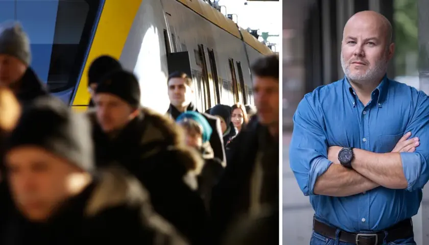 Folk trängs vid tåget, redo för en ny arbetsvecka. Hur många arbetsveckor på ett år? En man i blå skjorta står med armarna i kors.