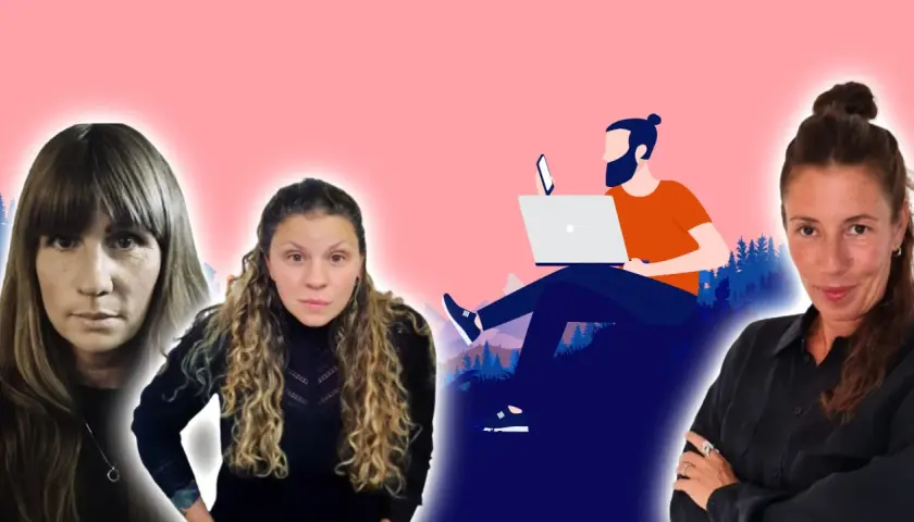 Tre kvinnor och en illustrerad person med laptop. Kanske ett team av copywriter svenska som jobbar på distans.