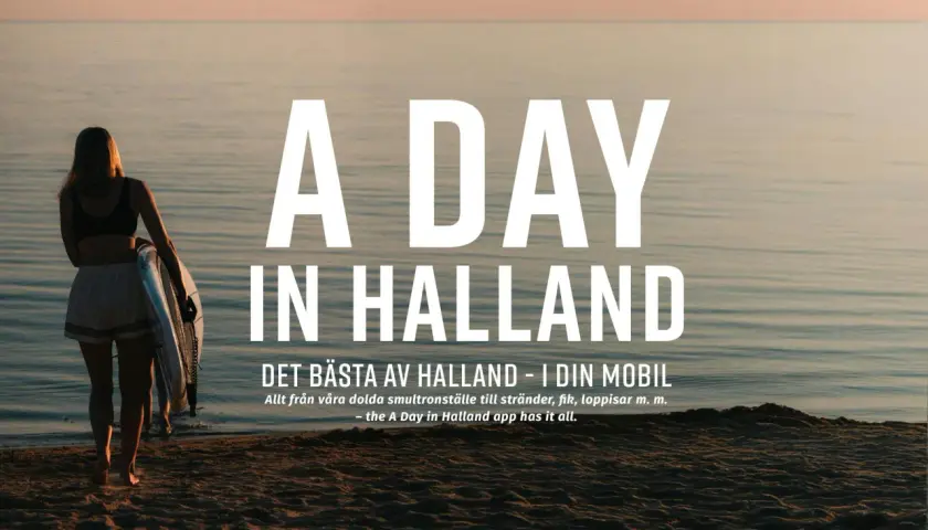 En person med surfbräda går mot vattnet i Halland, Sverige. Texten "A DAY IN HALLAND" syns tydligt.