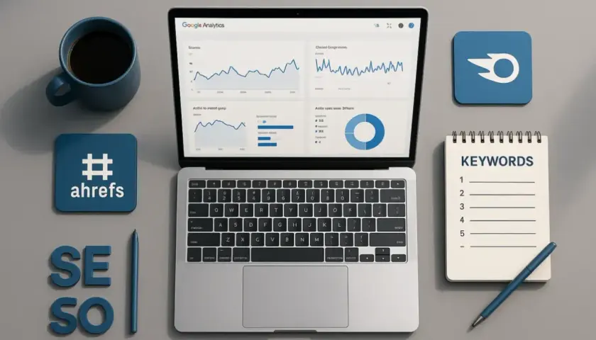 En sem specialist arbetar med en laptop som visar Google Analytics, en kaffekopp, Ahrefs-loggan och en lista med nyckelord.