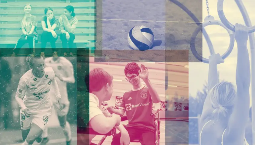 Idrottspsykologi utbildning: fotbollsspelare, beachvolleyboll, gymnastikringar och glada ungdomar.