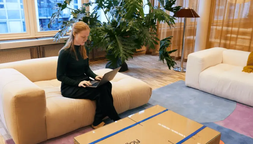 Kvinna jobbar på Sellpy vid ett fönster, med en stor grön växt bakom sig. En Sellpy-förpackning ligger på ett soffbord.