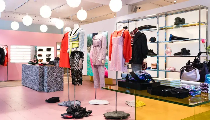 Färgglad butik i Stockholm med skyltdockor som visar kläder och accessoarer.