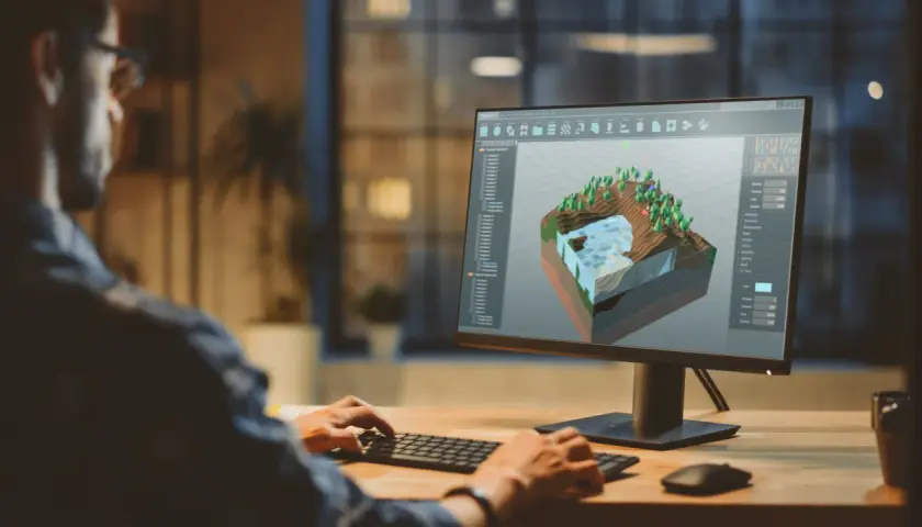 Person arbetar med 3D-modellering på datorn, en karriär som kan nås via korta utbildningar som ger jobb.