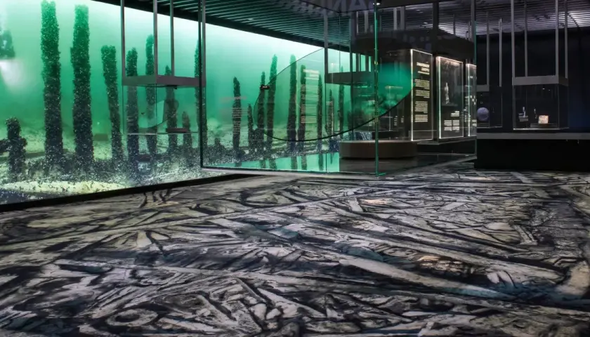 En dykare utforskar en undervattensvärld med gamla träpålar, en fascinerande scen i ett museum of wrecks. Golvet är dekorerat som en sjöbotten.