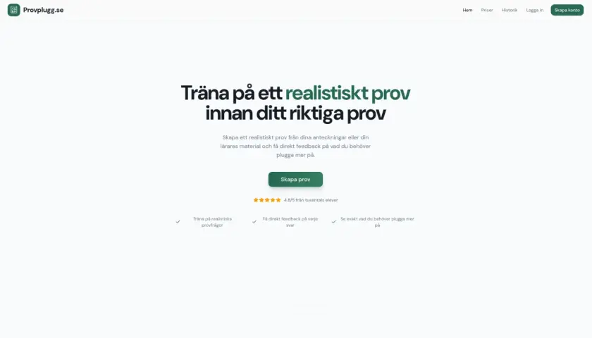 Träna inför ditt gymnasium test med realistiska prov. Skapa egna prov eller använd lärarens material för att öva.