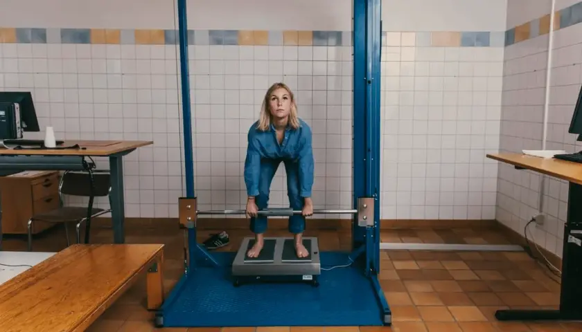 Kvinna gör sig redo för ett styrketest, kanske för att se om hon klarar "kan jag bli polis test". Hon håller i en skivstång.