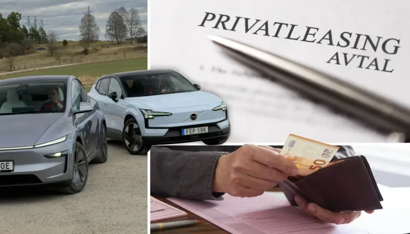 Två elbilar, en privatleasingavtal och en hand som stoppar sedlar i en plånbok. Vad kostar det att leasa en bil?